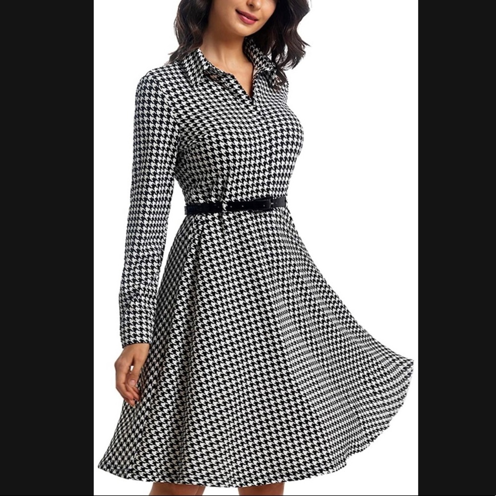 Women’s Casual Long Sleeve Midi Printed Dress Mandarin Collar V Neck Swing Tunic